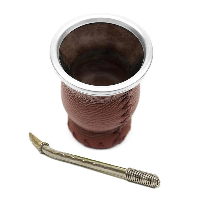 Leather Glass Yerba Mate Gourd Set Mate Cup Bombilla Straw Drink Argentina Brown