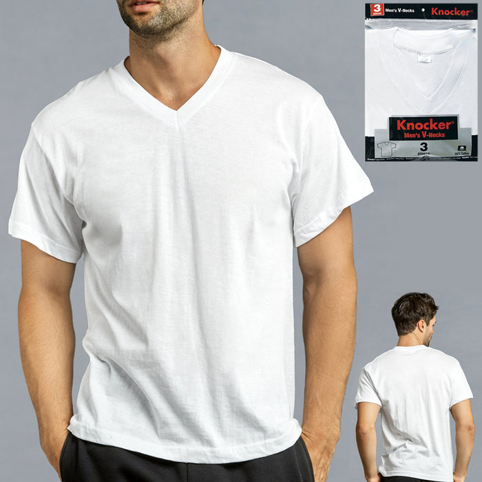 3 Mens White V-Neck T-Shirt 100% Cotton Undershirt Comfort Soft Tee Tagless Sz L