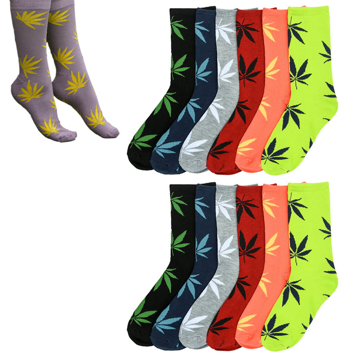 12 Pair Women Crew Socks Weed Leaf Print Lot Kush 420 Plant Life Funny Size 9-11