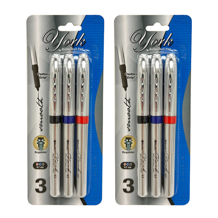 6 Pc Rollerball Pens Fine Point 0.7mm Black Blue Red Ink Smooth School Supplies