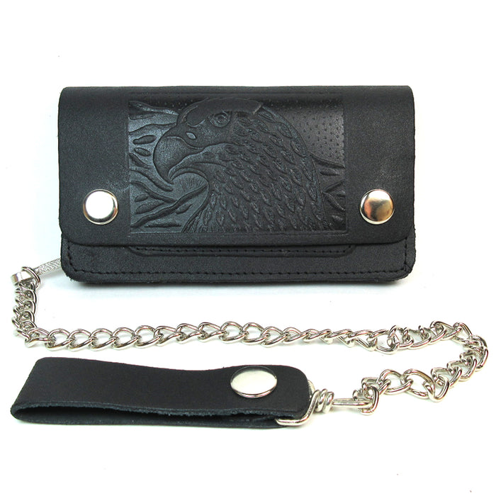 Black Genuine Leather Wallet Slim Bifold Trucker Biker Metal Chain Holder Unisex