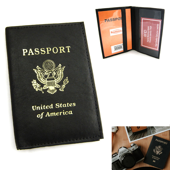 Black Genuine Leather Passport Cover RFID Passport Cover Holder Case Travel Wallet US Seal