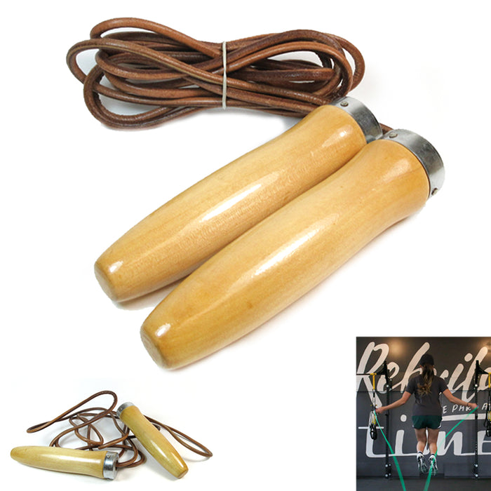 Leather Jump Rope Exercise Heavy Duty Skipping Fitness Wooden Handle 9Ft Aerobic