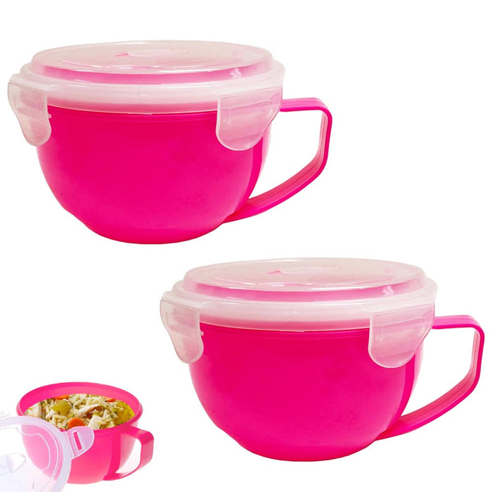 2 Pc Microwaveable Plastic Food Container Bowl Lunch Soup Handle With Lid 902mL