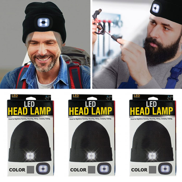 3Pc LED Flashlight Hat Winter Warm Hands Free Knitted Beanie Camping Running Cap