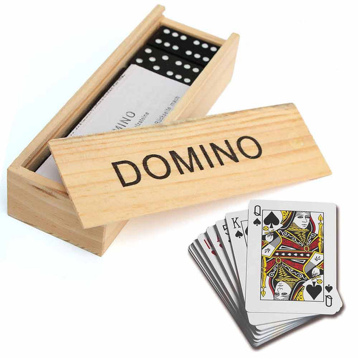 2 Pack Playing Cards and Domino Game Set Family Games Night Wooden Box Classic