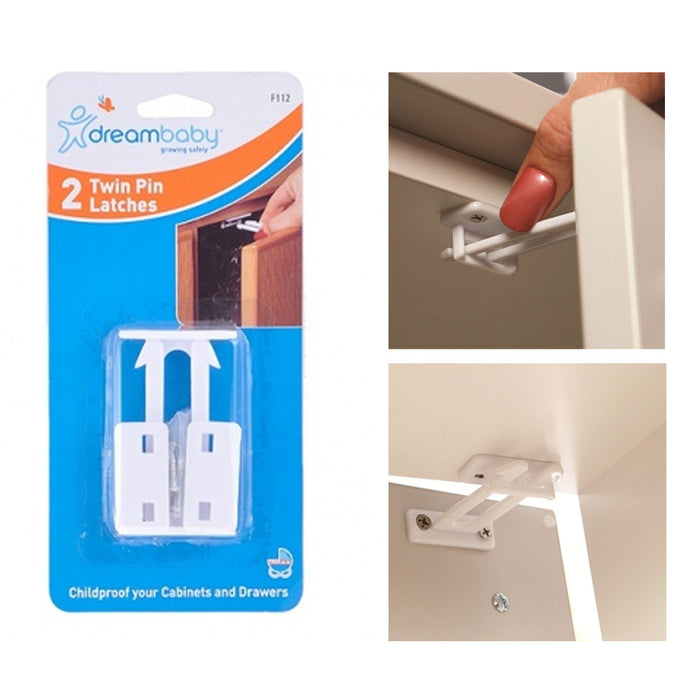 2 Cabinet Locks Child Safety Latch Baby Proof Lock Drawer White Twin Pin Latch