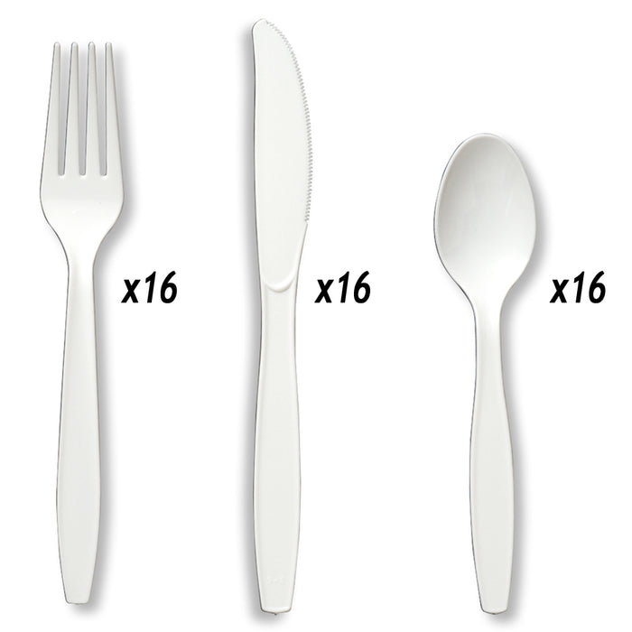 48PCS Plastic Cutlery Set Disposable Utensil Forks Knifes Spoons White Tableware
