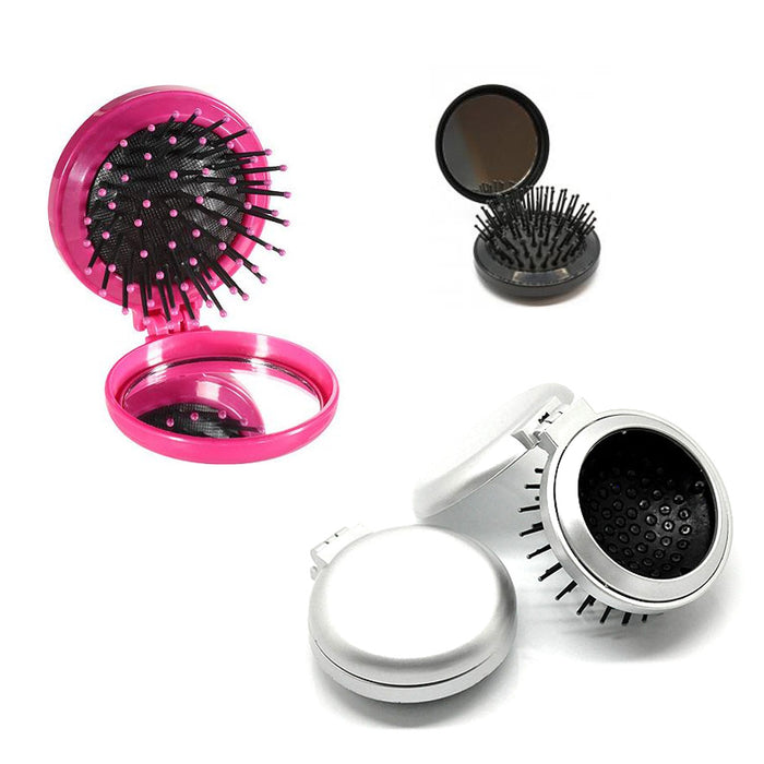 1 Folding Hair Brush W Mirror Pocket Size Portable Purse Travel Compact Car Gift