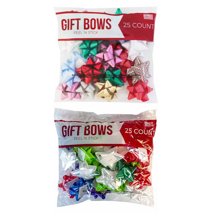 50 Pc Christmas Gift Bows Peel Stick Decor Box Present Ribbon Holiday Assorted