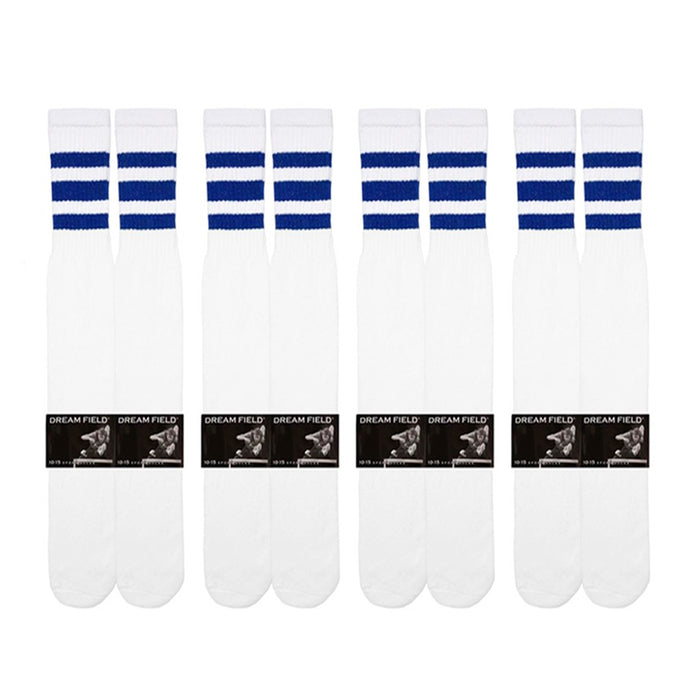 4 Pairs Casual Knee High White Tube Socks Long Athletic Blue Stripe Sports 10-15