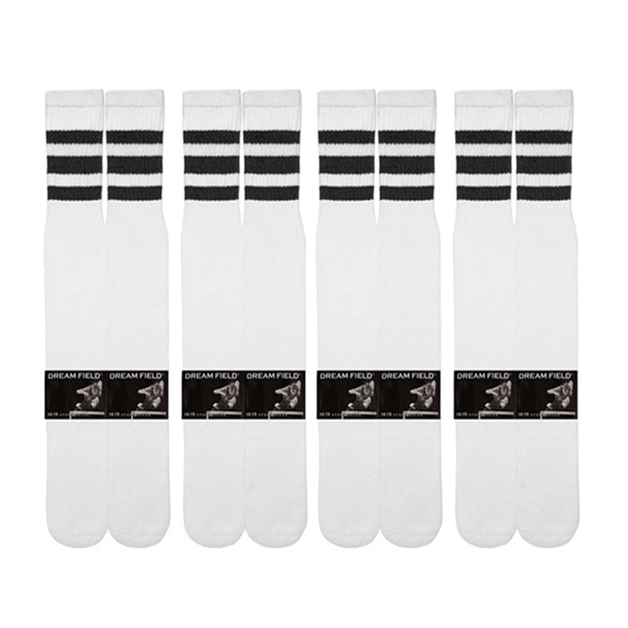 4 Pairs Knee High White Tube Socks Black Stripe Cotton Long Athletic Sport 10-15