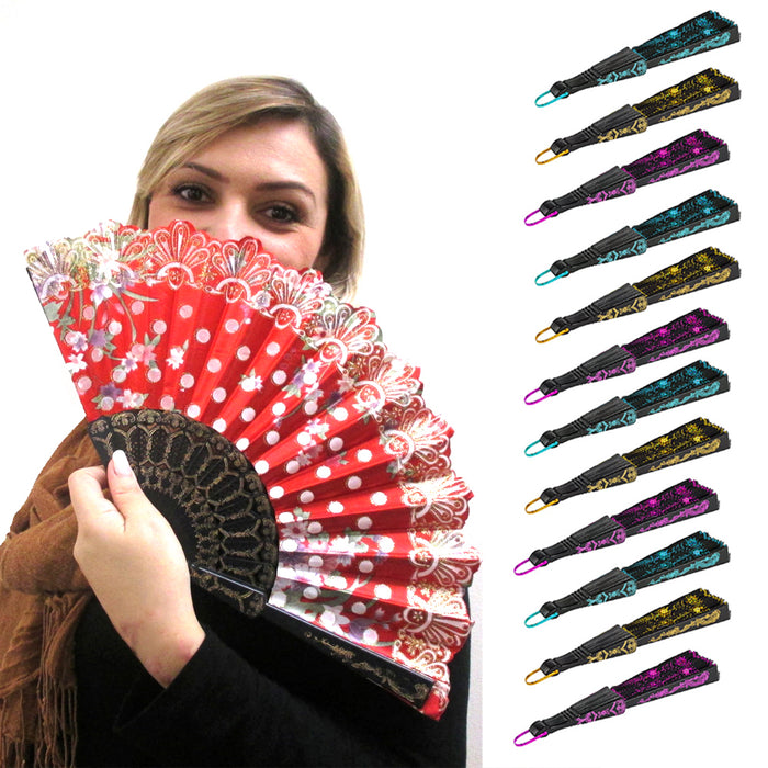 12 Pieces Large Handheld Fan Fabric Hand Fans Wedding Folding Rave Vintage Party