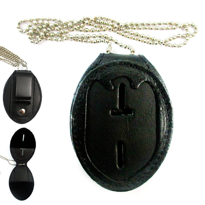 Leather Badge Neck Chain Belt Clip Holder Police Detective Law Enforcement New !