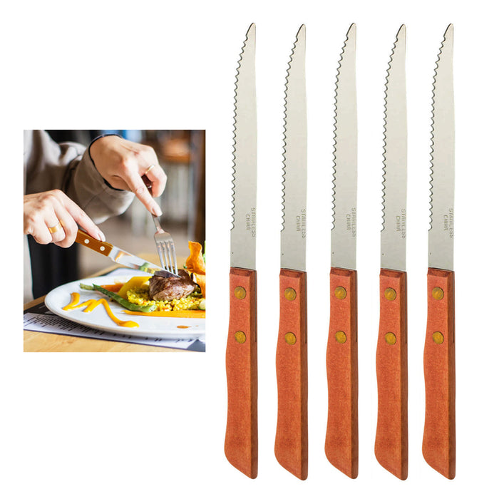 5 Pack Slim Stainless Knife Set Dinner Serrated Edge Wood Steak Knives Kitchen