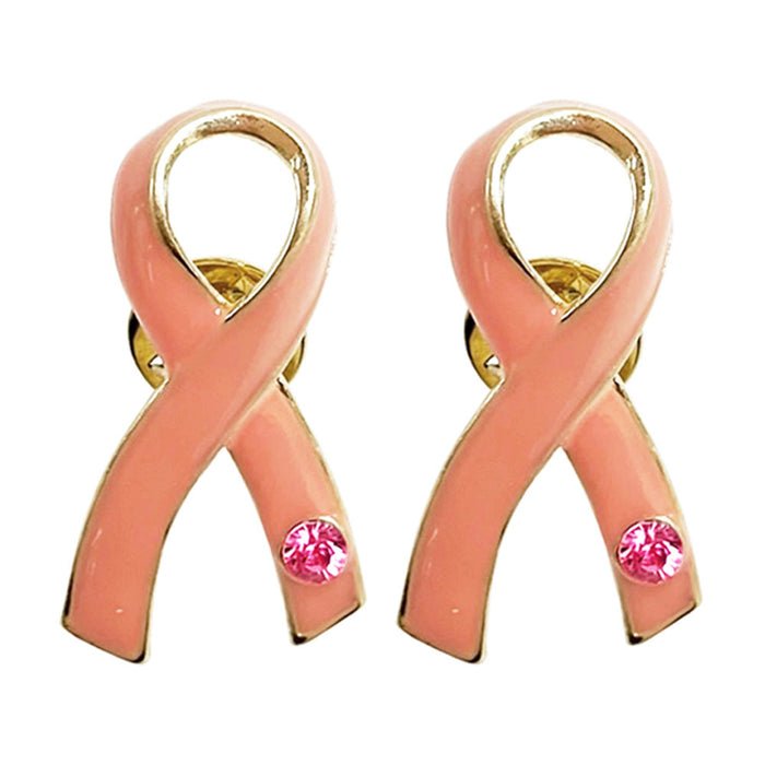 2 PC Pink Ribbon Breast Cancer Awareness Label Pin Brooch Crystal 18kt Gold Hope