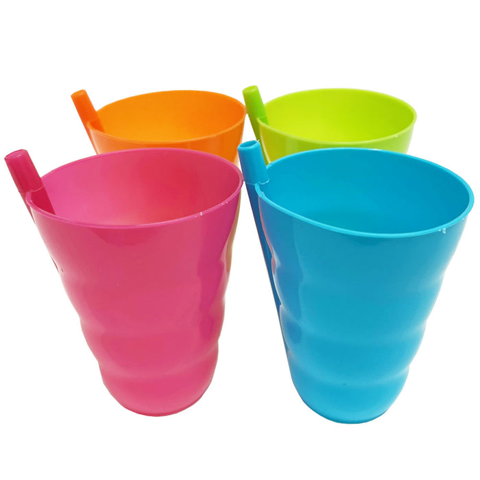 8 Plastic Cup with Built in Straw Sip Dishwasher Safe Assorted Colors Drink Kids