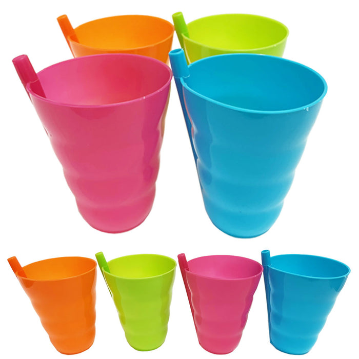 8 Plastic Cup with Built in Straw Sip Dishwasher Safe Assorted Colors Drink Kids