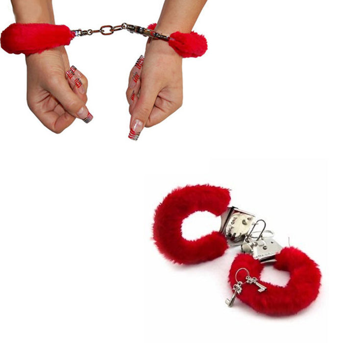 Furry Cuffs Sexy Love Hand Adult Party Handcuffs Fuzzy Red Fur Lined Metal New !