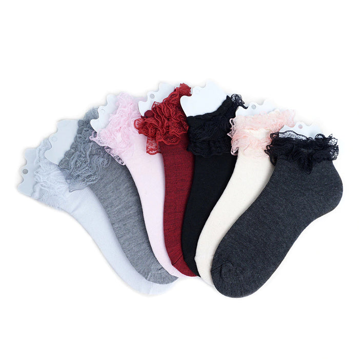 6 Pairs Womens Princess Lace Ruffle Frilly Socks Ankle Solid Colors Comfortable