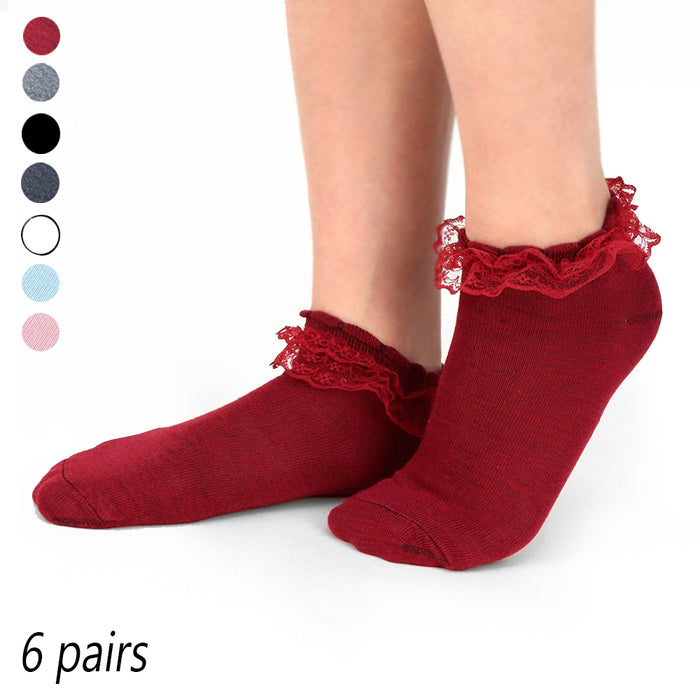 6 Pairs Womens Princess Lace Ruffle Frilly Socks Ankle Solid Colors Comfortable