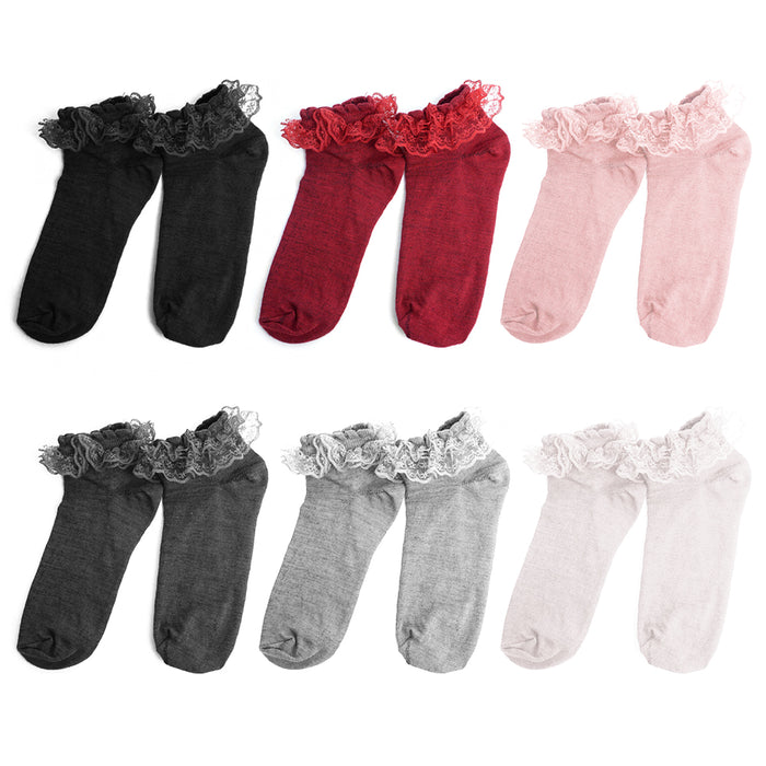 6 Pairs Womens Princess Lace Ruffle Frilly Socks Ankle Solid Colors Comfortable