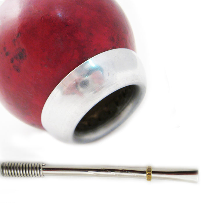 1 x MATE GOURD CUP TEA AND STRAW BOMBILLA COLOR BURGUNDY HERBAL KIT NEW