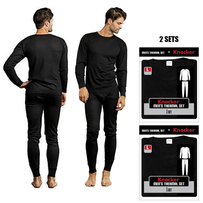 2 Sets Mens Thermal Underwear Long Sleeve Shirt Pajama Pants Warm Winter Black L