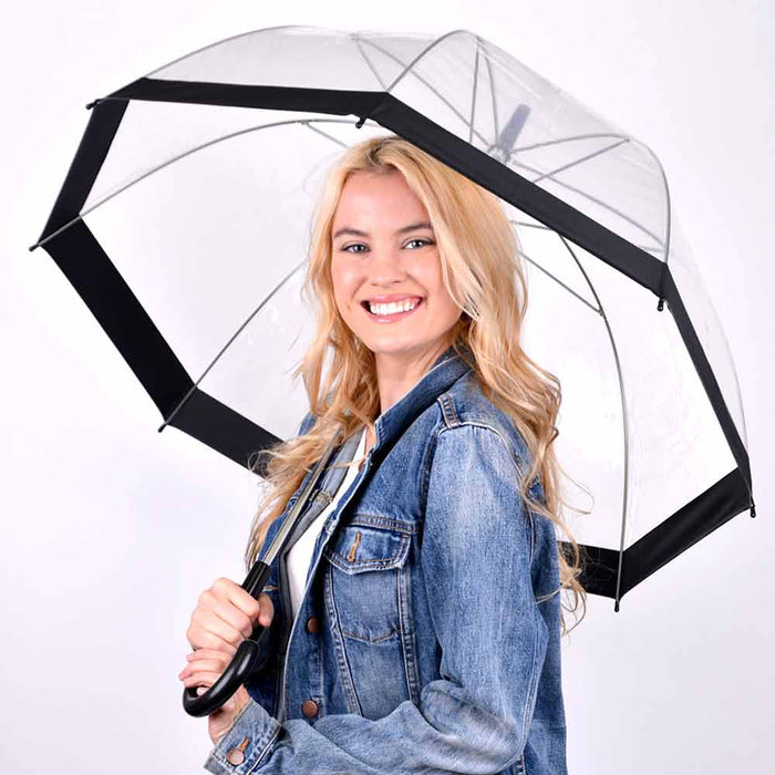 Clear Bubble Umbrella Adults Girls Long Stick Rain See Through Dome Black Trim