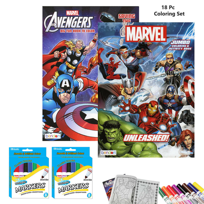 18 PC Marvel Avengers Coloring Books Set Kids Drawing Activity Washable Markers