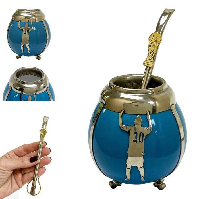 Messi 10 Ceramic Mate Gourd Cup Set Argentina Alpaca Bombilla Drink Straw Travel