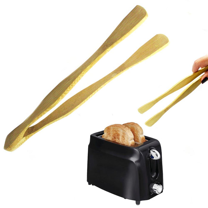 2PC Bamboo Kitchen Utensil Set Cooking Serving Tool Wooden Salad Tongs Spoon Kit
