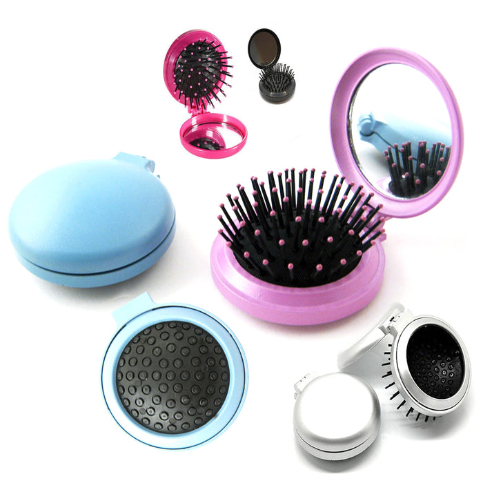 1 Folding Hair Brush W Mirror Pocket Size Portable Purse Travel Compact Car Gift