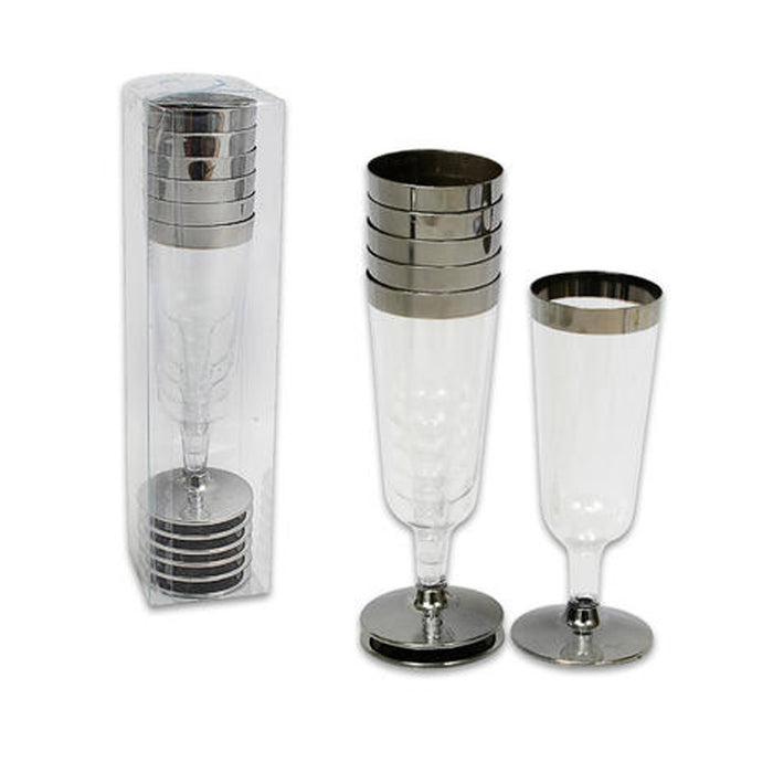 12 Pc Champagne Flute Wedding Party Plastic Silver Rimmed Disposable Wine Glass