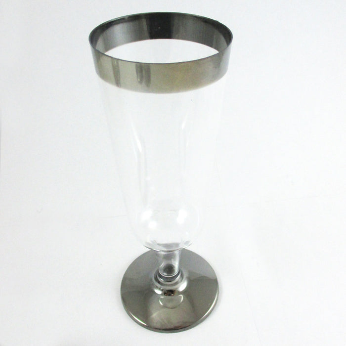 12 Pc Champagne Flute Wedding Party Plastic Silver Rimmed Disposable Wine Glass