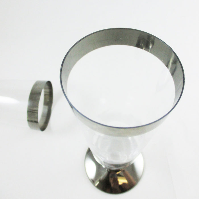 12 Pc Champagne Flute Wedding Party Plastic Silver Rimmed Disposable Wine Glass