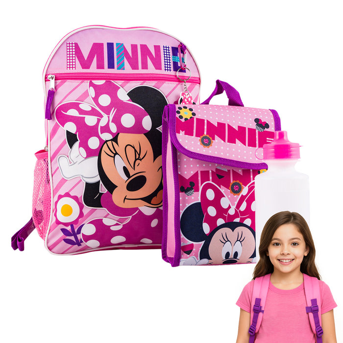Disney Toddler Backpack Minnie Mouse 16" Kids School Bag Lunch Durable 5 Pieces