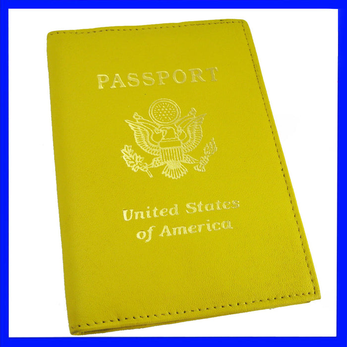 Genuine Leather Passport Holder Yellow Cover Case Travel Wallet Us Seal Gold New