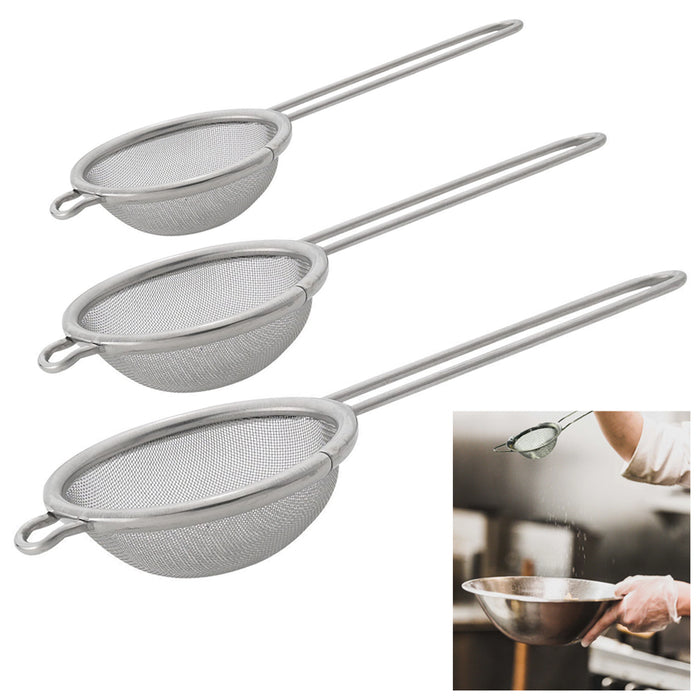 3Pc Mini Strainers Mesh W/ Handle Flour Sifter Sieve Colander Sizes Kitchen Tool