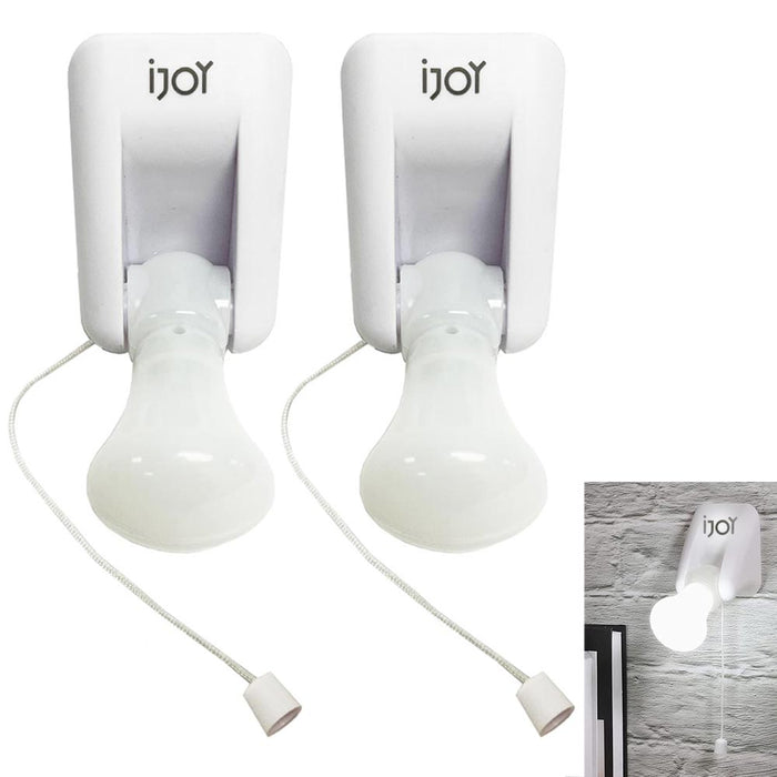 2 Pc Battery Operated Light Bulbs Portable Pull Chain Mount Lamp Stick On Closet