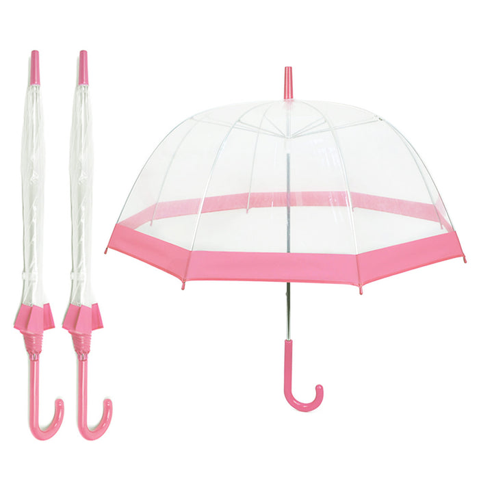 2 Pk Dome Bubble Umbrella Pink Trim Transparent Clear See Through Parasol Shield