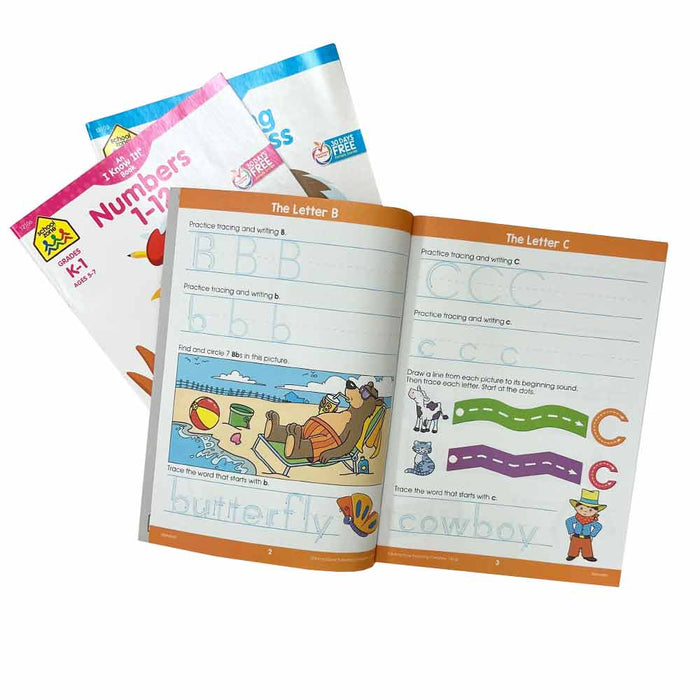 7 PC Kit School Zone Activity Books With Pencils Kids Alphabet Kinder Ages 5-7