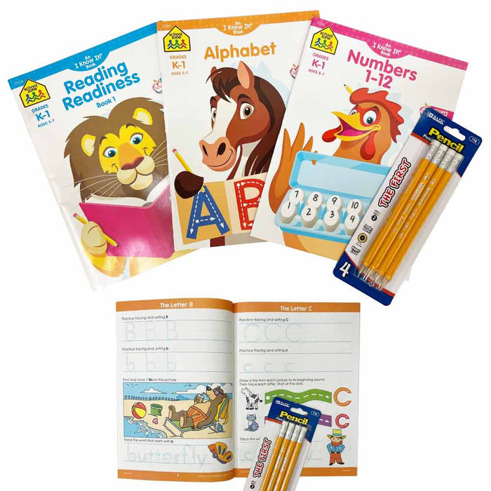 7 PC Kit School Zone Activity Books With Pencils Kids Alphabet Kinder Ages 5-7