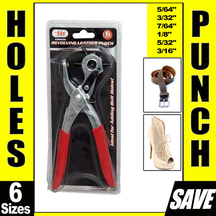 9" Rubber Gripped Carbon Steel 6 Size Revolving Leather Hole Punch Tool w/ Brass