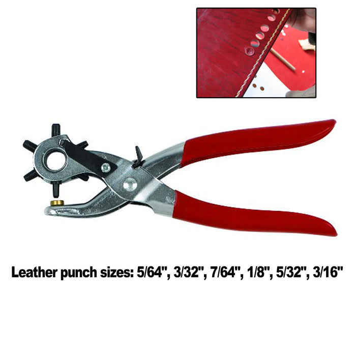 9" Rubber Gripped Carbon Steel 6 Size Revolving Leather Hole Punch Tool w/ Brass