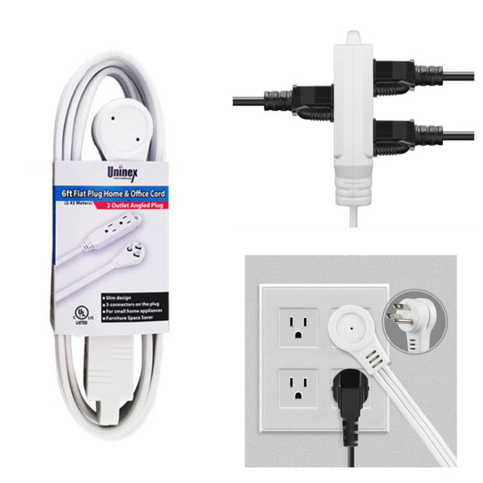 6 Ft Flat Angle Plug Extension Cord 16/3 Gauge 3 Outlet Tap Slim Cable Indoor UL