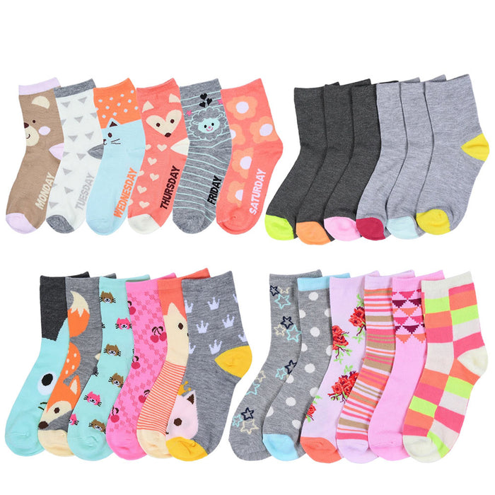 12 Pairs Girls Crew Socks Toddler Kids Designs Size 4-6 Mixed Assorted Fashion !