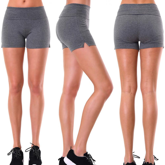 2 Women Grey Yoga Shorts Fold Over Waist Cotton Spandex Activewear Gym Fit Small