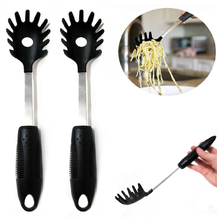 2Pc Pasta Server Spoons Spaghetti Noodle Soft Grip 12" Non Stick Kitchen Utensil