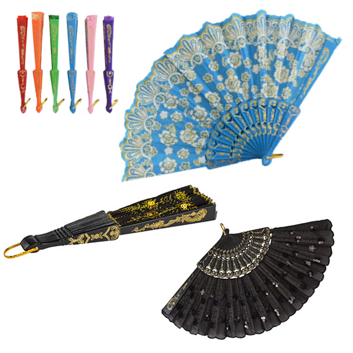 6 Pack Folding Hand Fan Bulk Fabric Fans Dance Classic Style Decorative Handheld